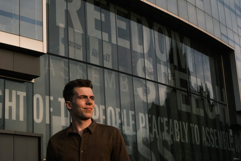 College Republican Chairman, John Parker, stands for a portrait on campus in Syracuse, New York on Friday, April 14, 2023.