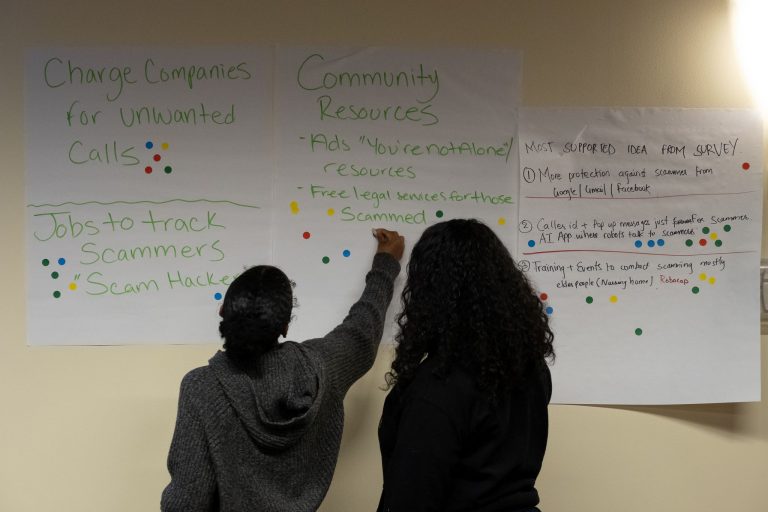 Participants in the forum April 22nd select their favorite ideas for combating disinformation during "dotmocracy."