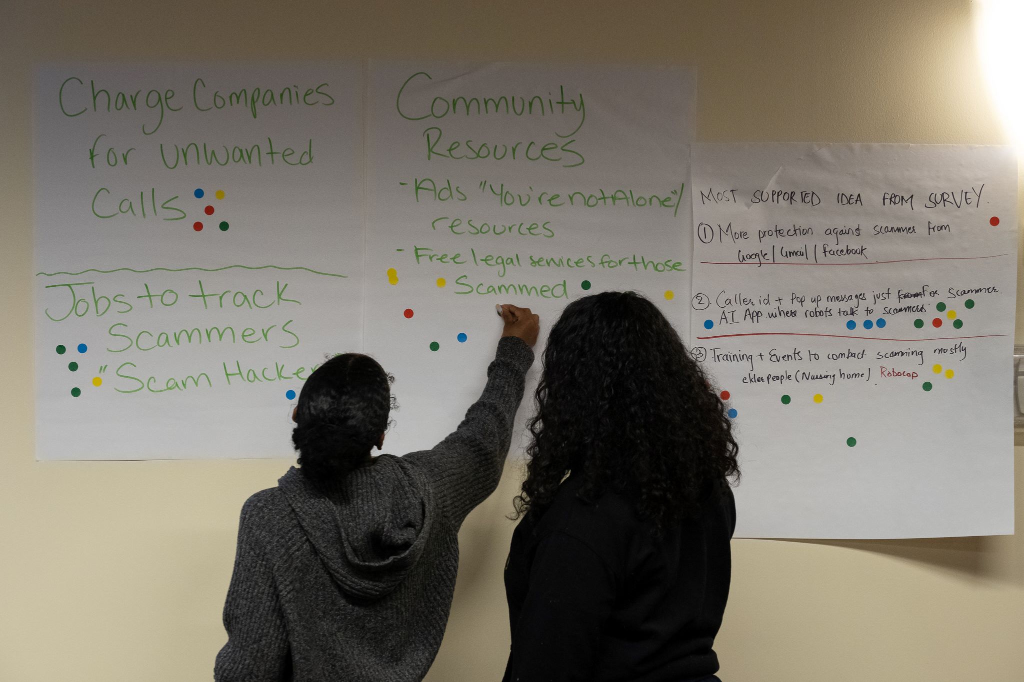 Participants in the forum April 22nd select their favorite ideas for combating disinformation during "dotmocracy."